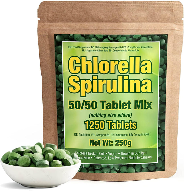 Good Natured Premium Chlorella Spirulina 1,250 Tablets, Non-Gmo, Vegan Organic Capsules, Sunlight Grown, Cracked Cell Wall, High Protein, Heavy Metal Detox