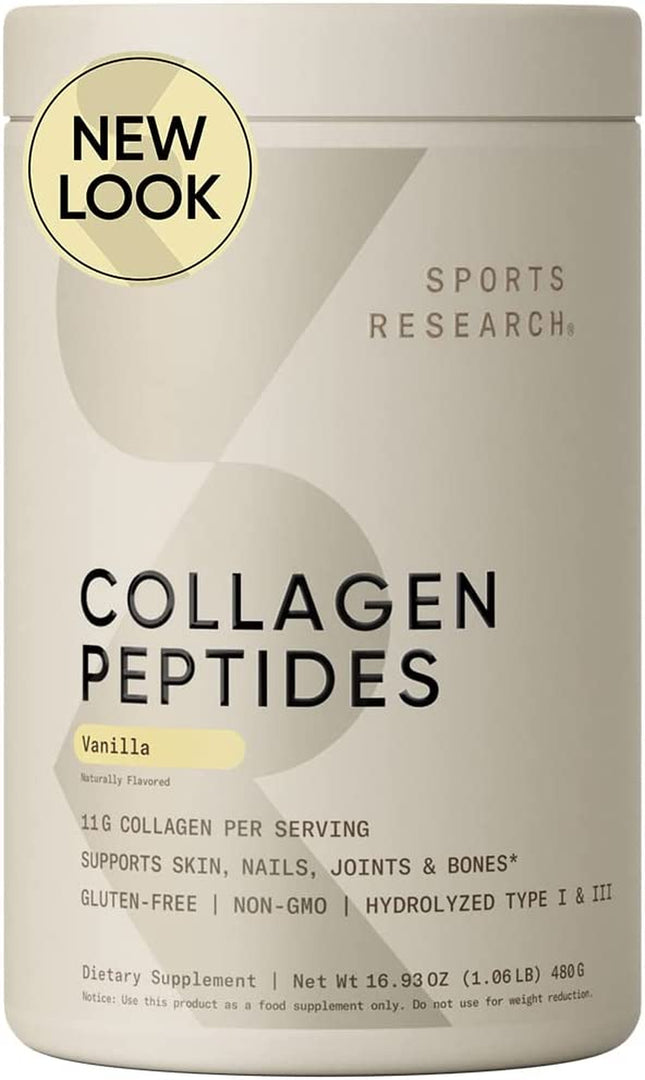 Sports Research Collagen Peptides - Hydrolyzed Type 1 & 3 Collagen Powder Protein Supplement for Healthy Skin, Nails, & Joints - Easy Mixing Vital Nutrients & Proteins, Collagen for Women & Men