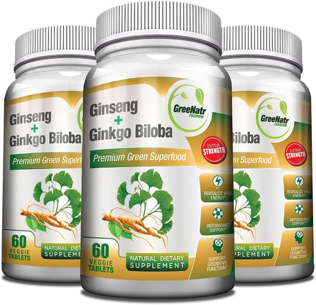 Panax Ginseng + Ginkgo Biloba Tablets – Premium Non-Gmo/Veggie Superfood – Traditional Energy Booster and Brain Sharpener – Unique Twin Supplement Combines Ginseng and Ginkgo Biloba (3 Pack)