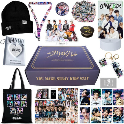 KPOP Stray Kids Merch Set Box - Including Straykids Album Photocards Lomo Card Holder Stickers Keychain Lanyard Pins Standee Night Light Phone Holder Beanies Shoulder Bag (Straykids)