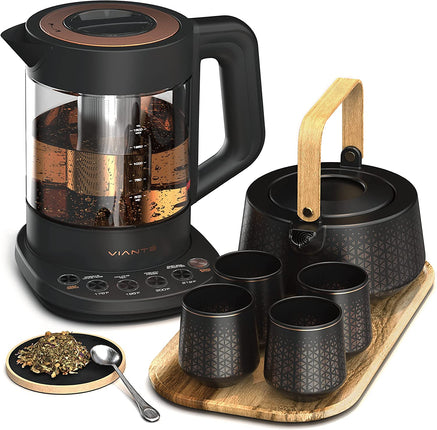 Vianté Luxury Tea Party Set. Complete with Automatic Tea Maker with Infuser for Loose Tea Bags. Ceramic Serving Set. Tea Pot/Cup Set and Wooden Tray. Excellent Gift for Tea Lovers.