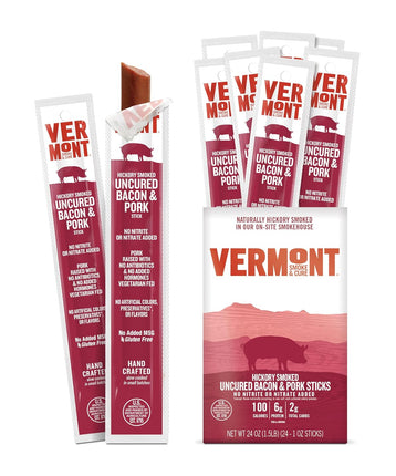 Snack Sticks by Vermont Smoke & Cure – Uncured Bacon – Pork – Hickory Smoked – Healthy Meat Protein – 1Oz Jerky Stick – 24 Count Carton