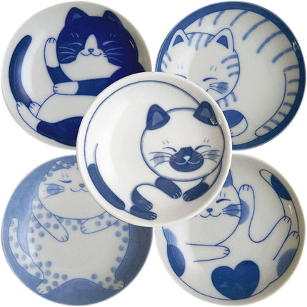 LOVE LOVE JAPAN Dessert Sushi Soy Sauce Salad Small Plate Set Ceramic Cats Design Set of 5 Made in Japan Sleeping Cat