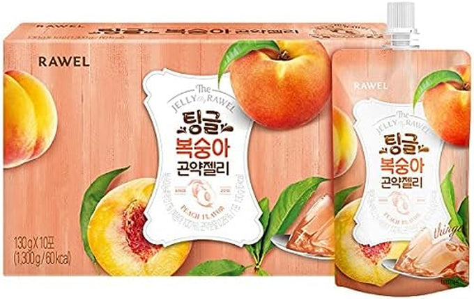 RAWEL Thingle Delicous Konjac Jelly 1Box (130Ml X 10Packs) / 6 Calories per Pouch/Sugar Free/Low Calories/Fruit Flavor Jelly with Low Carb/Drinkable Zero Sugar Jelly Dessert (Peach)