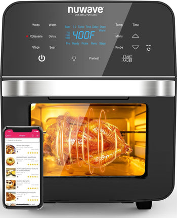 Nuwave Brio Air Fryer Oven, 15.5Qt X-Large Family Size, SS Rotisserie Basket &-Skewer Kit, Powerful 1800W, 50F-425F Temp Controls, Integrated Smart Thermometer