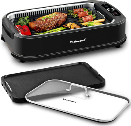 Indoor Smokeless Grill, Techwood 1500W Electric Indoor Grill with Tempered Glass Lid, Portable Non-Stick BBQ Korean Grill, Turbo Smoke Extractor Technology, Drip Tray& Double Removable Plate, Black