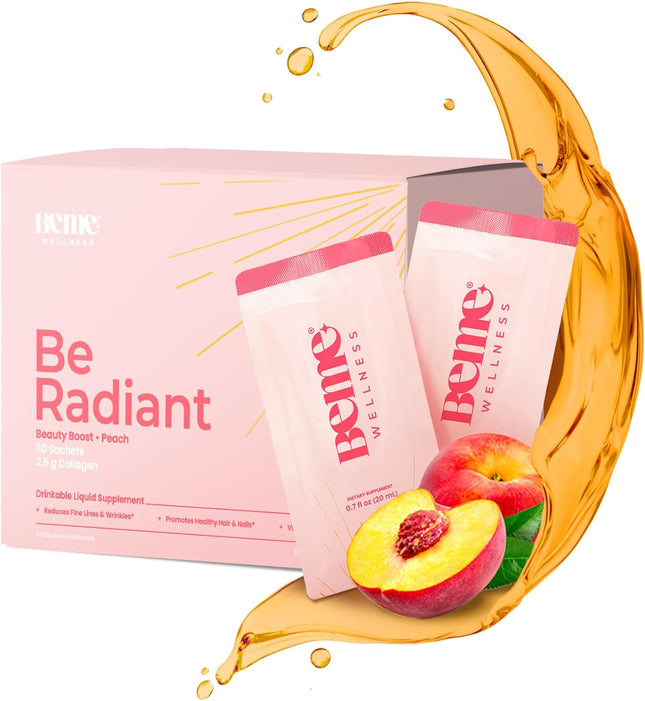 Be Radiant Liquid Collagen Peptides for Women and Men with Vitamin-C, Biotin, Coq10 - Collagen for Women, Promotes Hair, Nail and Skin Health - 30 Day Supply 0.7 Fl Oz Travel Packets (Pack of 30)