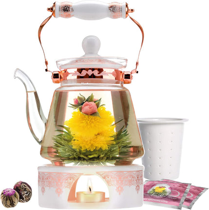 Teabloom Buckingham Palace Teapot & Flowering Tea Gift Set (6 Pieces) - Stovetop Safe Glass Teapot (40 OZ / 1.2 L / 4-5 CUPS), Porcelain Lid, Tea Warmer, Loose Tea Infuser, 2 Gourmet Rose Tea Flowers