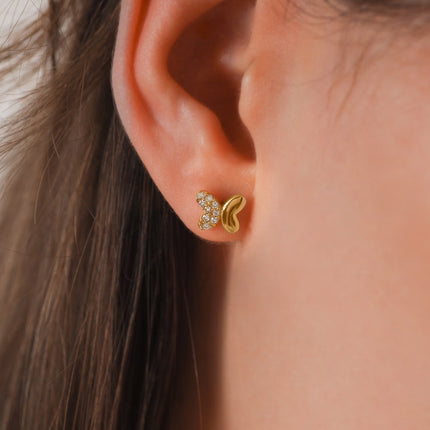 "14K Solid Gold Half Wing Butterfly Stud Earrings - Elegant Butterfly Jewelry, Perfect Valentine's Day Gift for Her"