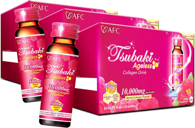 AFC Japan Tsubaki Ageless Beauty Collagen Drink from Japan with 10,000Mg Marine Collagen Peptides + 500Mg Royal Jelly + Hyaluronic Acid + Vitamin Bs & C for Skin Revitalization 1.69Fl.Ozx10Sx3