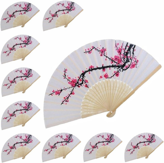 VANVENE 10 Pcs Delicate Cherry Blossom Design Silk Folding Hand Fan Wedding Favors Gifts Japanese Party