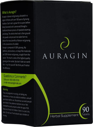 Auragin® Authentic Korean Red Ginseng – Made in Korea – 6 Year Roots – No Additives or Other Ingredients – 100% Red Panax Ginseng in Every Tablet