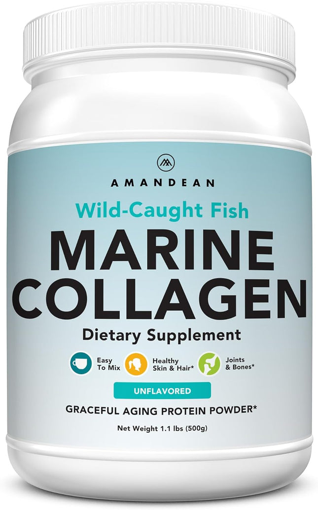 AMANDEAN Premium Anti-Aging Marine Collagen Peptides Powder. 500G Wild-Caught Hydrolyzed Fish Collagen Supplement. Type 1 & 3 Collagen Protein. 18 Amino Acids for Skin, Hair, Nails.