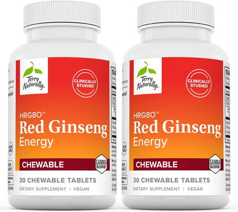 Terry Naturally HRG80 Red Ginseng Energy - 30 Chewable Tablets, Pack of 2 - Red Ginseng Root Powder & Panax Ginseng - Non-Gmo, Vegan, Gluten Free - 60 Total Servings