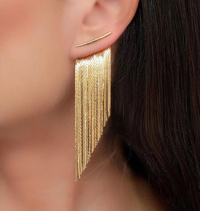 Fringe Tassel Earrings - Gold - Long